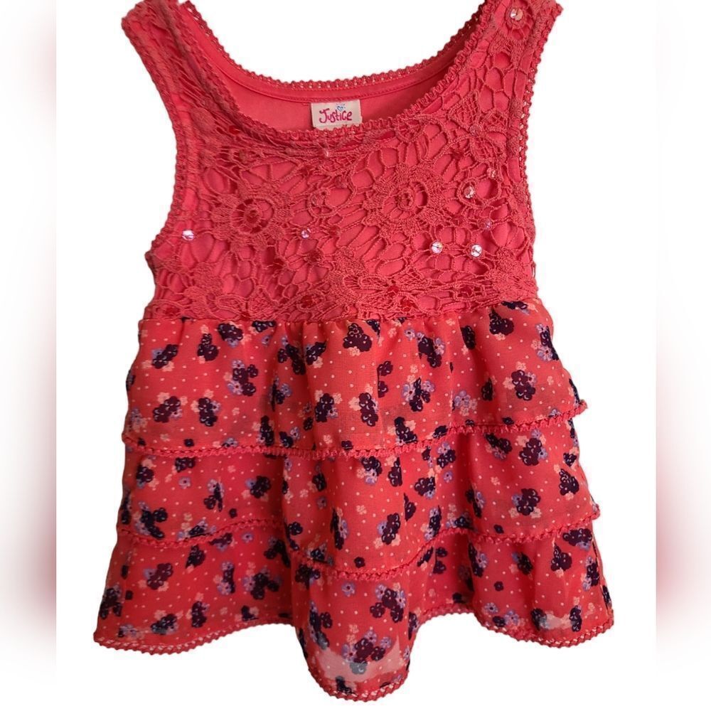 Justice Top Tiered Sleeveless Blouse Sequins Lace Ruffle Floral Print Sz… - Picture 8 of 9